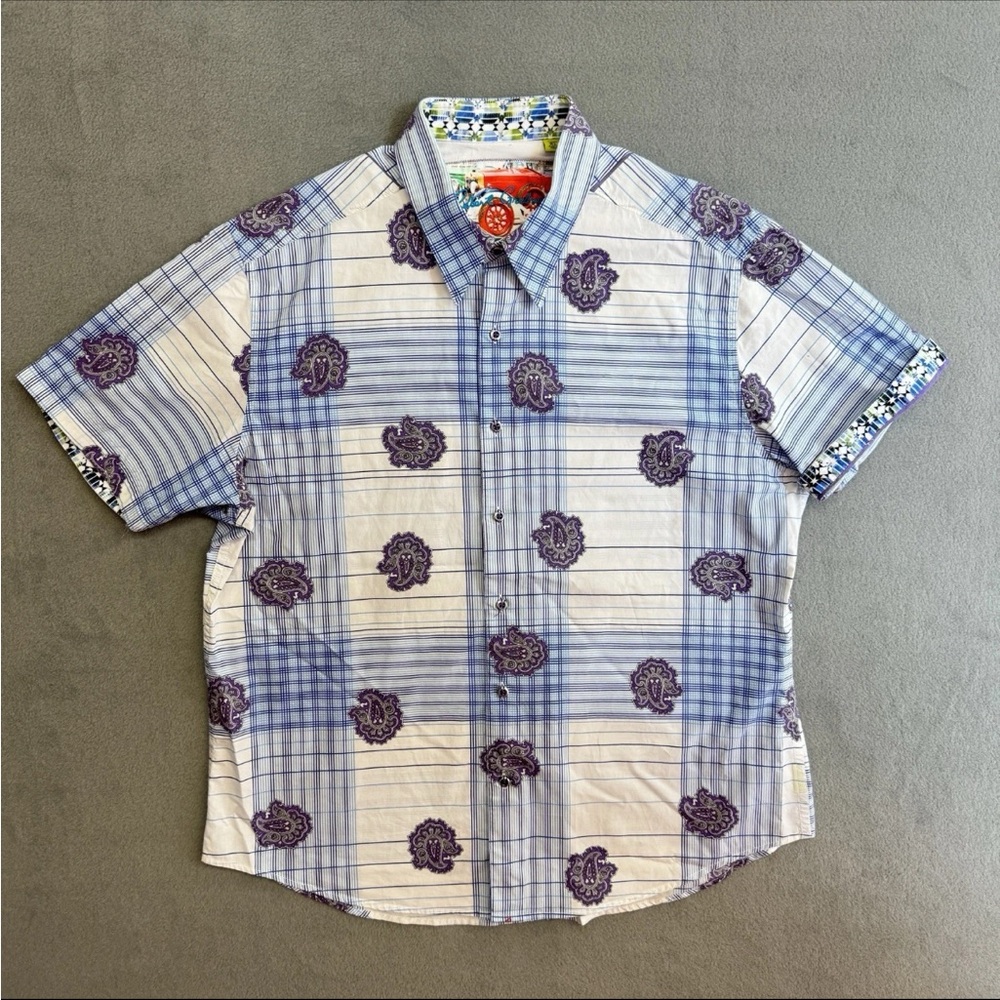 Robert Graham Shirt XL Men's Short Sleeve Button Up White Blue Paisley